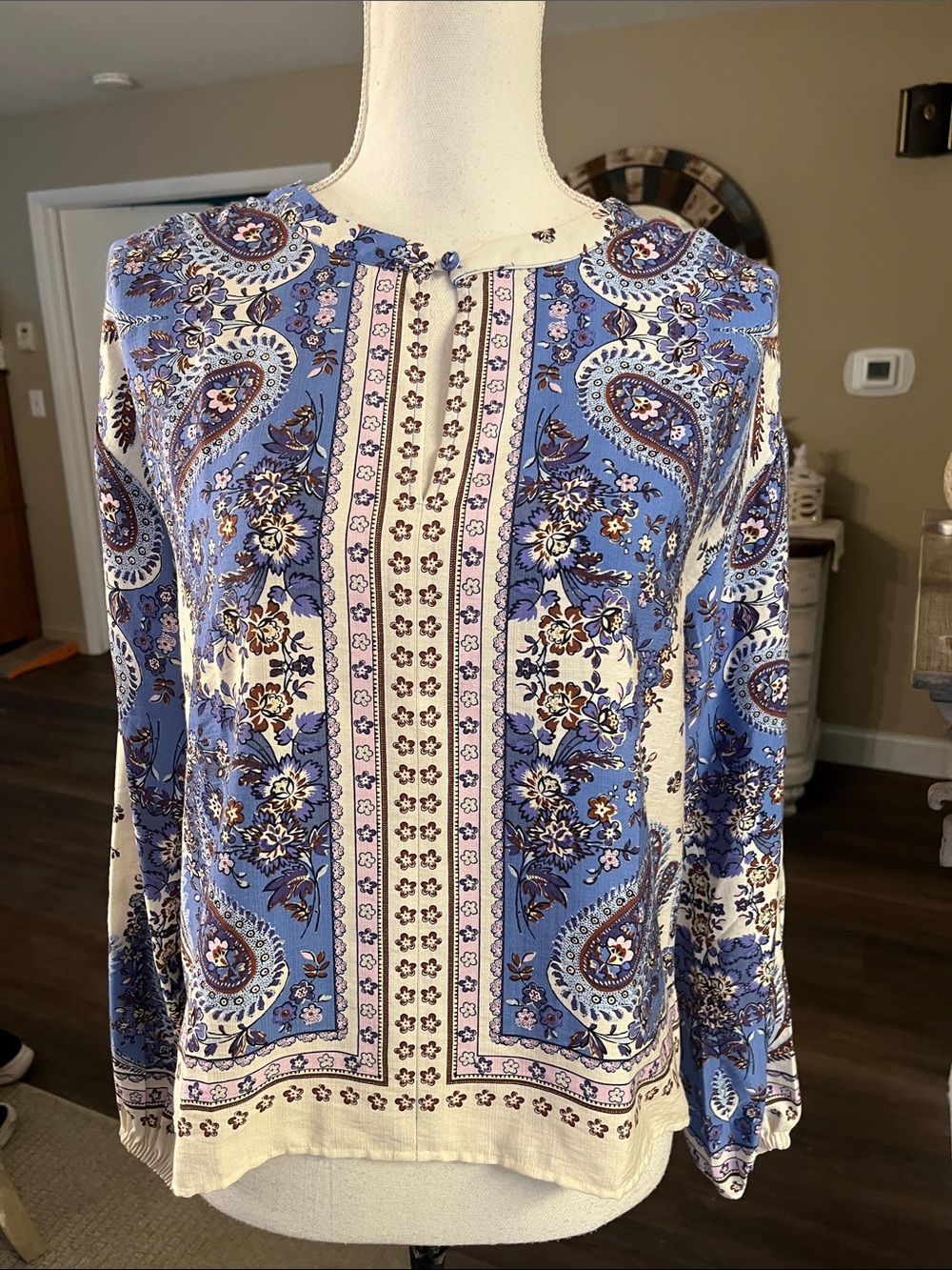 LOFT Blue and Cream Paisley Floral Long-Sleeve Tunic